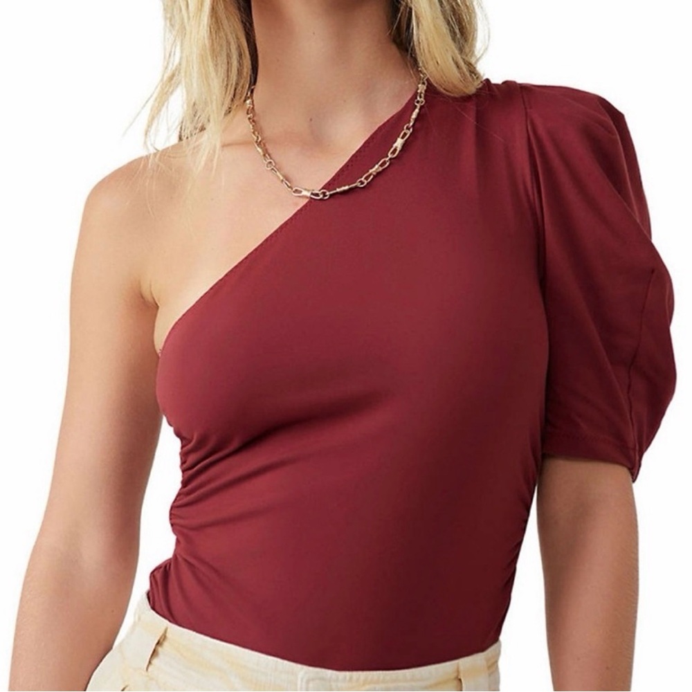 Free People Burgundy One Shoulder Puff Sleeve Bodysuit S Wine Date Night Fall